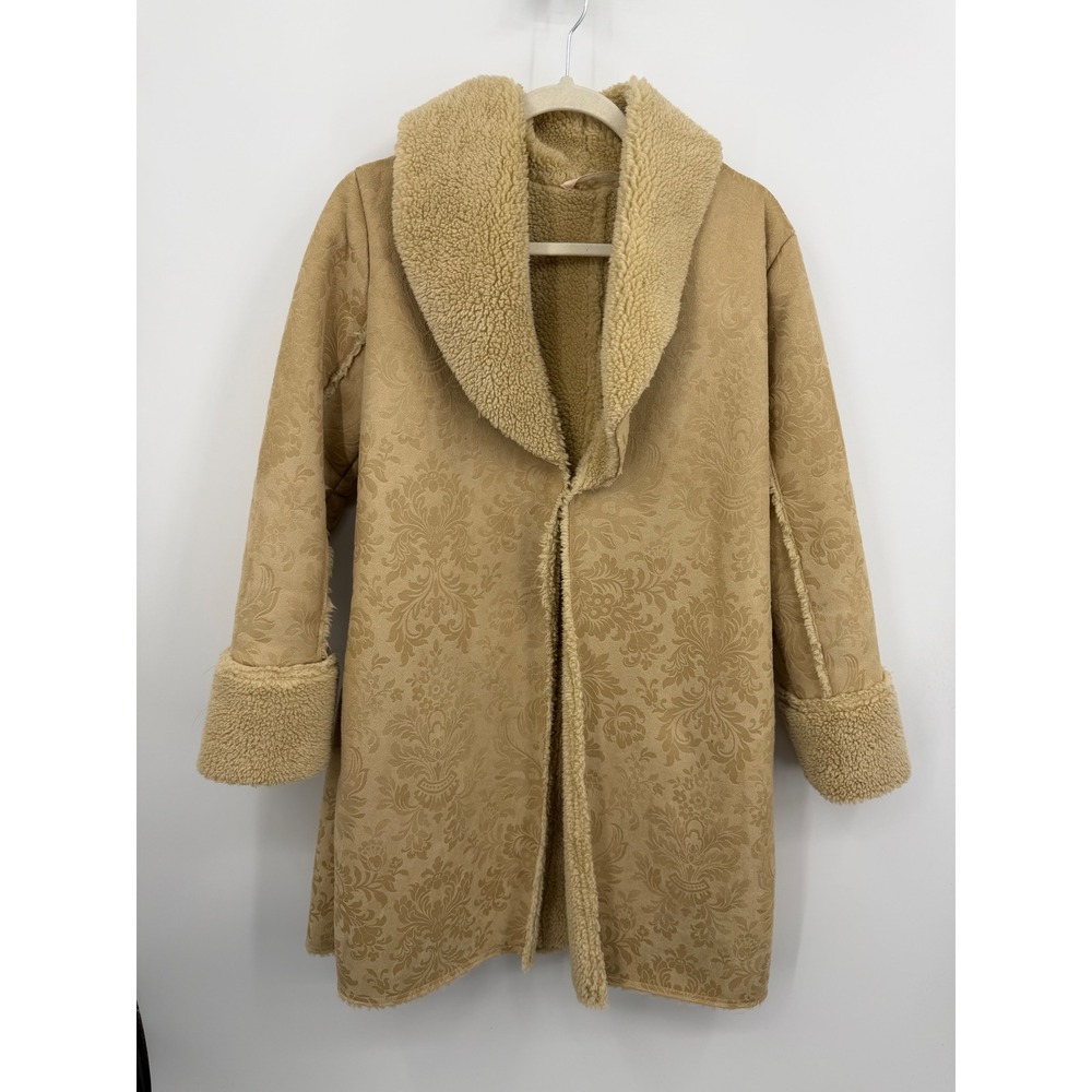Soft Surroundings Misha faux suede Shearling Coat sz S Tan Floral Sherpa 2BR16